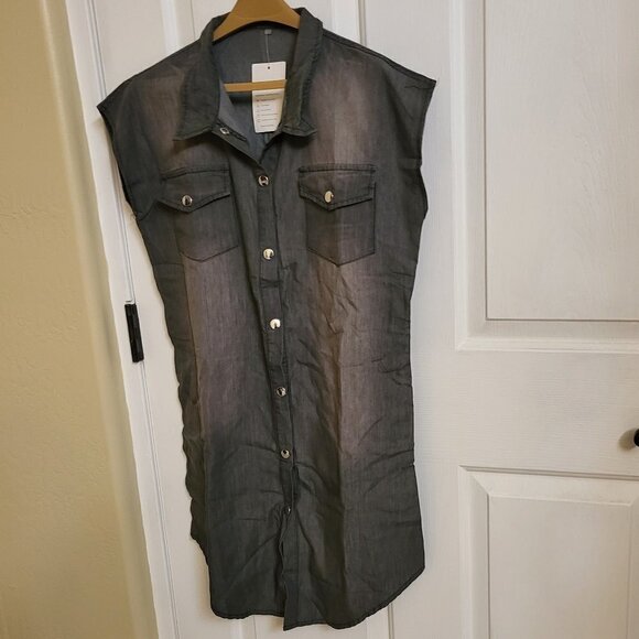 NXH Black Distress Denim Sleeveless Pocket Button Up Dress NWT Size Medium - Picture 4 of 8